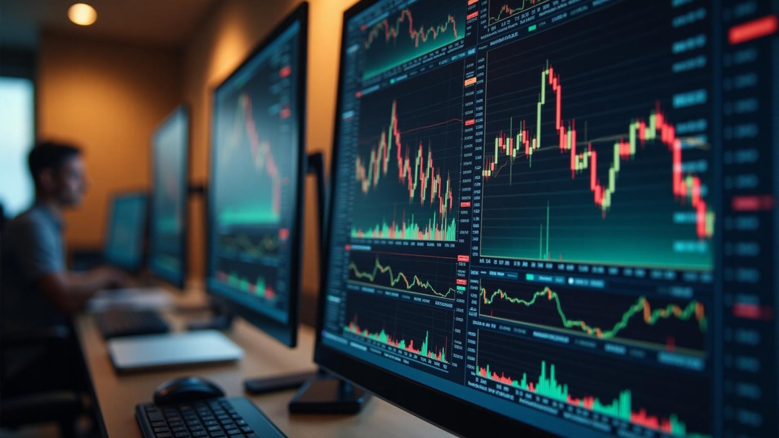 Painel com gráficos e tela operacional de trading.